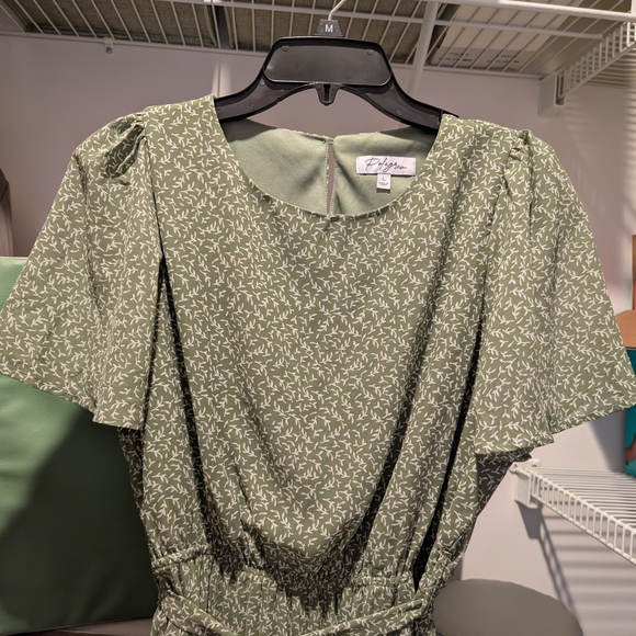 Polagram Sage Green Pleated Full Length Dress with Tie Waist - Size Large - Picture 5 of 5